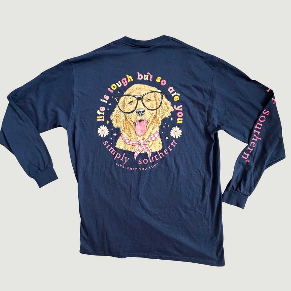 Simply Southern Graphic Tee XL Dog Life Is Tough Cotton Long Sleeve Navy Blue